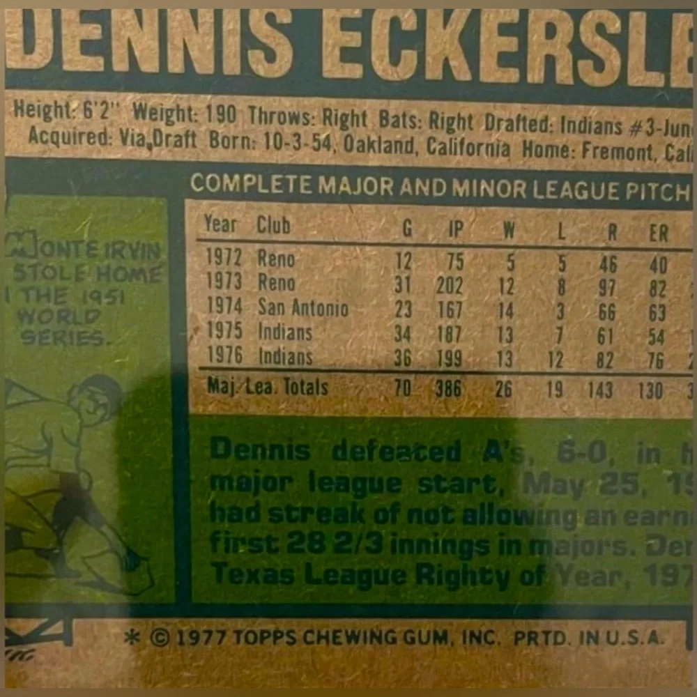 DENNIS ECKERSLEY 1977 INDIANS TOPPS #525 BASEBALL CARD VINTAGE - HOF - Picture 3 of 3